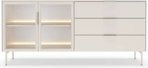 Komoda MILU 181 2D3S – Nowoczesna z Oświetleniem LED i Szkłem Flutes Ornamentowe, Push To Open KASZMIR 182x83x40 cm