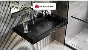 Umywalka podwieszana TAKOTNA z twardego materiału marmuropodobnego w kolorze czarnym – 90,2 × 45,2 × 8 cm (dł. × szer. × wys.)