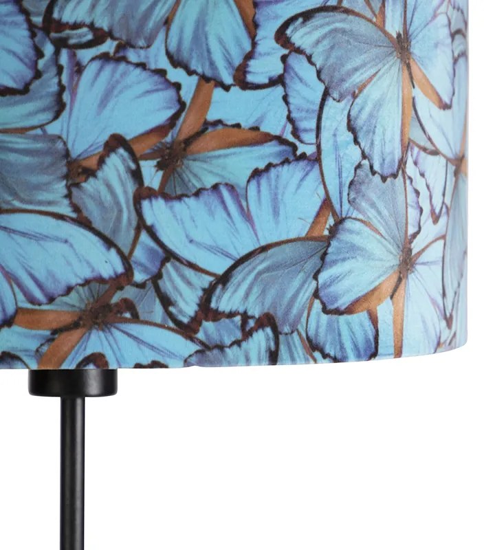 Lampa stojąca czarna z abażurem z aksamitu z motywem motyli 35 cm - Parte klasyczny/Antyczny Oswietlenie wewnetrzne
