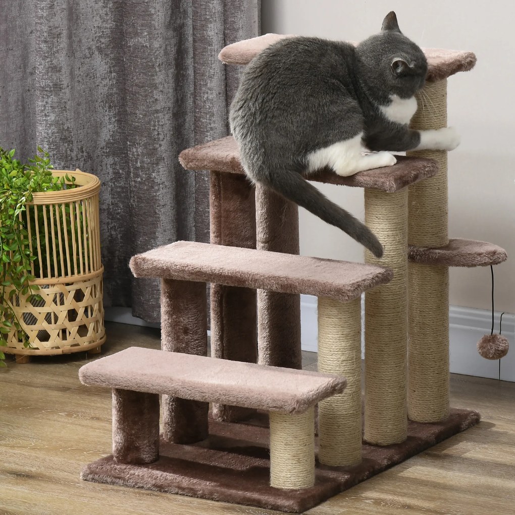 PawHut drabinka dla kota z drapakiem 4 stopnie schodki dla małych zwierząt do 5 kg brązowa 60x40x64cm | Aosom PL