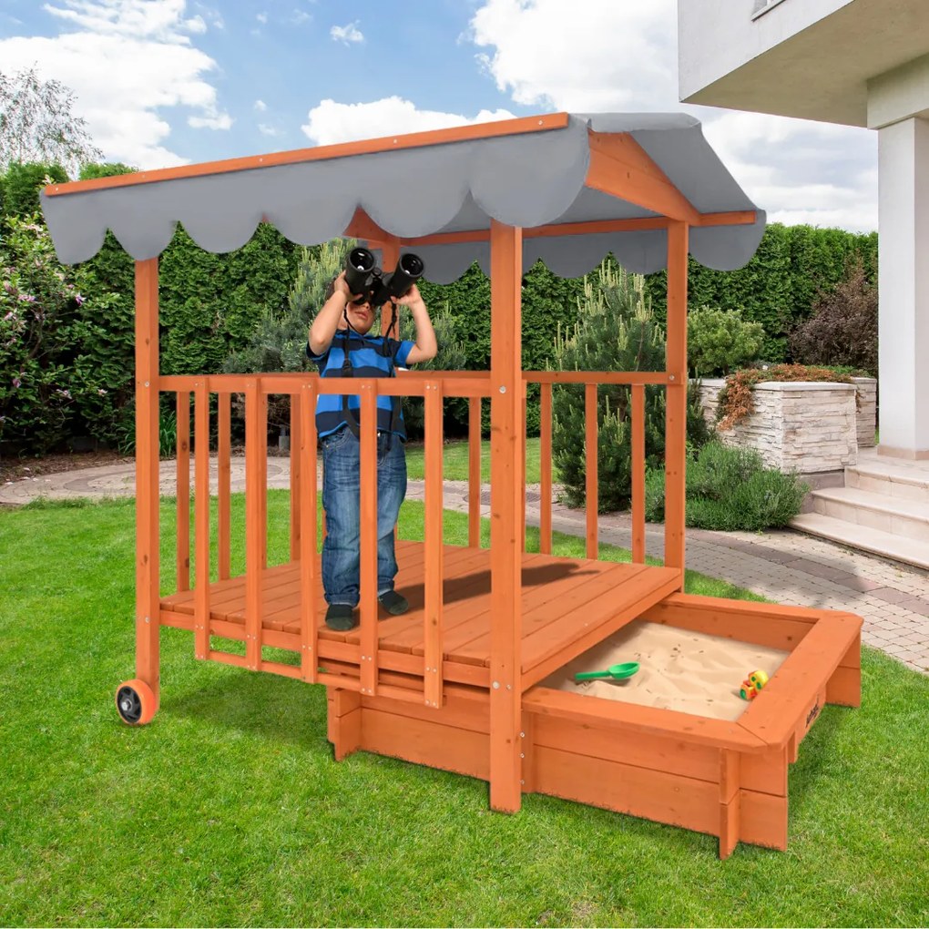 Piaskownica z werandą HAPPY, lita sosna 130 x 130 x 143 cm, brązowo szary Jurhan