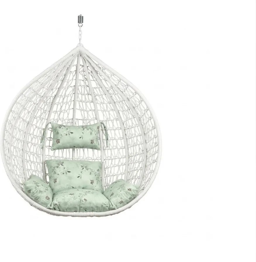 Białe wiszące krzesło KOKON bez stojaka, jasnozielona poduszka ze wzorem