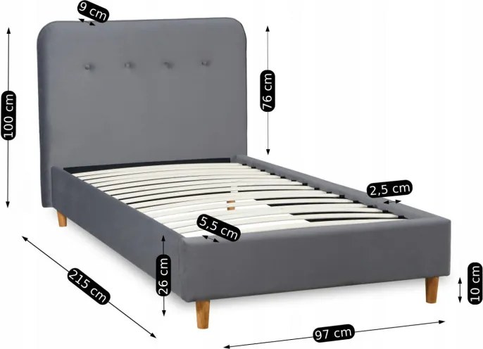 Łóżko Tapicerowane 90x200 cm ze Stelażem Jednoosobowe DENNIS Welurowe Ciemnoszare