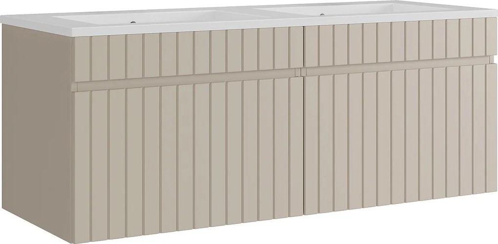 Wisząca szafka łazienkowa prążkowana beżowa z umywalką podblatową do zabudowy - 120 cm - SATARA