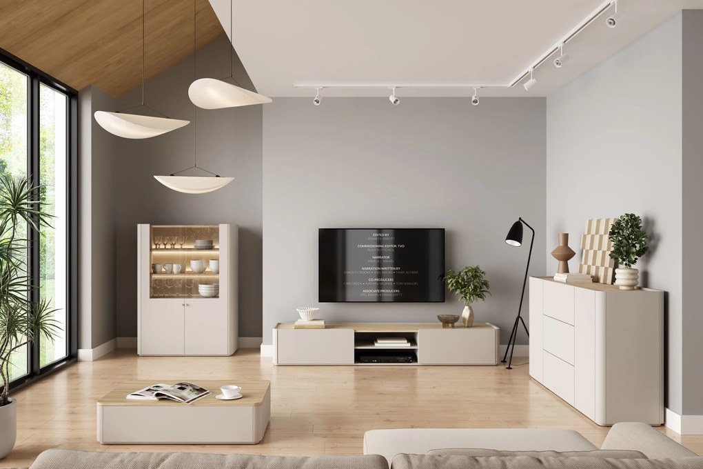 Szafka RTV Elivo 220 cm z szufladą - kaszmir / dąb olejowany