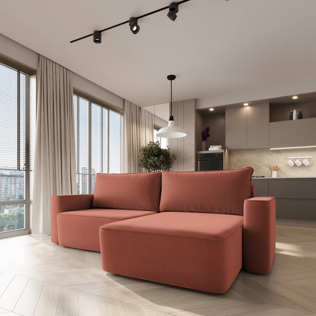 Masseno Narożnik BELISE z funkcją spania i pojemnikiem na pościel Narozniki L, Rozkładana sofa - Koralowy, CASTEL 55