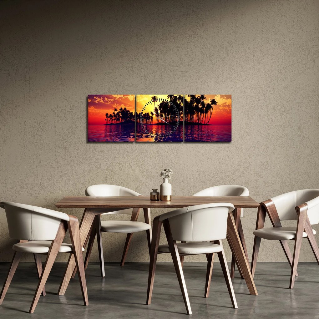 Obraz wyspy o zachodzie słońca (z zegarem) (90x30 cm)