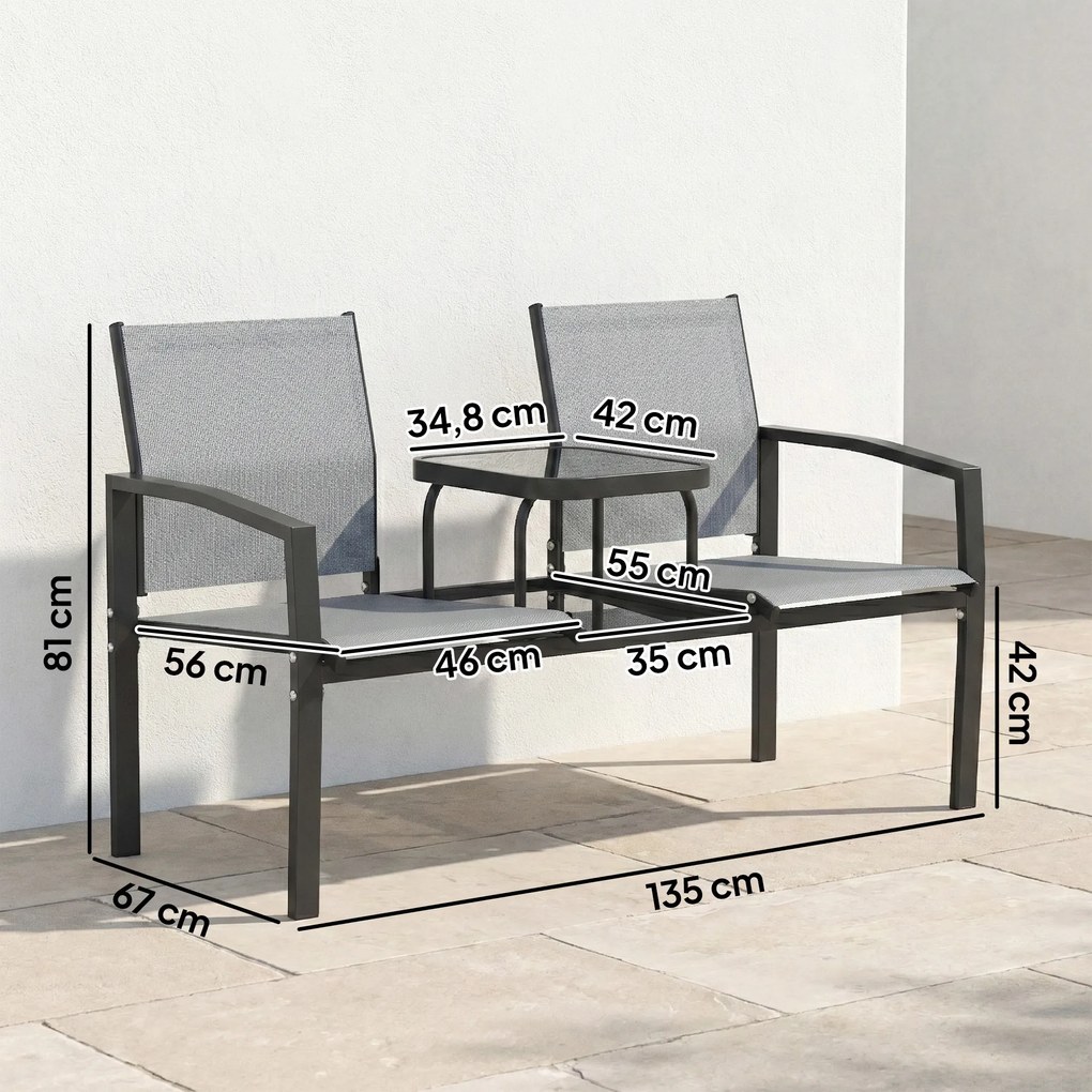 Outsunny Dwuosobowa ławka ogrodowa z oparciem i podłokietnikami, dwupoziomowy stolik, ławka parkowa 240 kg obciążenia, 135 x 67 x 81 cm, szary | Aosom PL