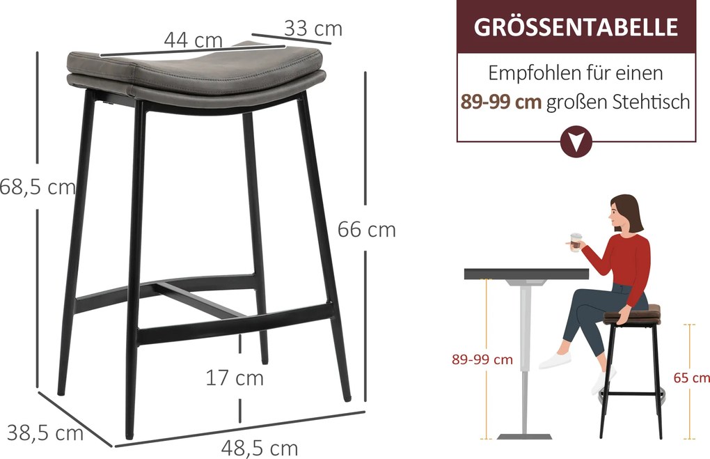 HOMCOM Zestaw 2 Hokerów, Pikowane Siedzenia, Stalowa Rama, 120 kg Obciążenie, Szary