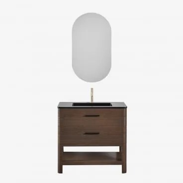 Zestaw Mebli Łazienkowych Z Drewna Z Wbudowaną Umywalką Misene Ciemna Czerń & Owalny Z Miejscem Do Przechowywania Czarny - Sklum