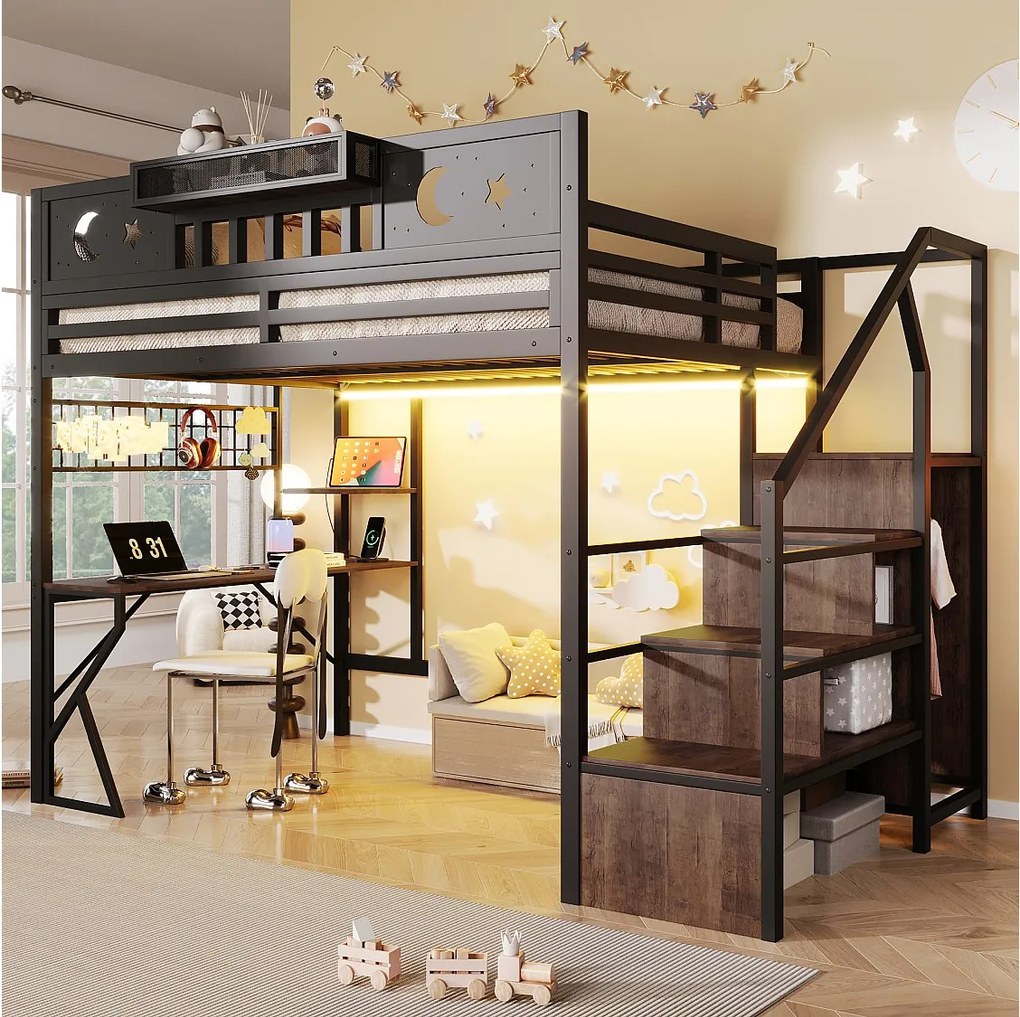 Łóżko piętrowe 140 x 200 cm z biurkiem, ścianką perforowaną, półkami – Metal i MDF – LED + USB – Czarne (Materac nie jest wliczony w cenę)