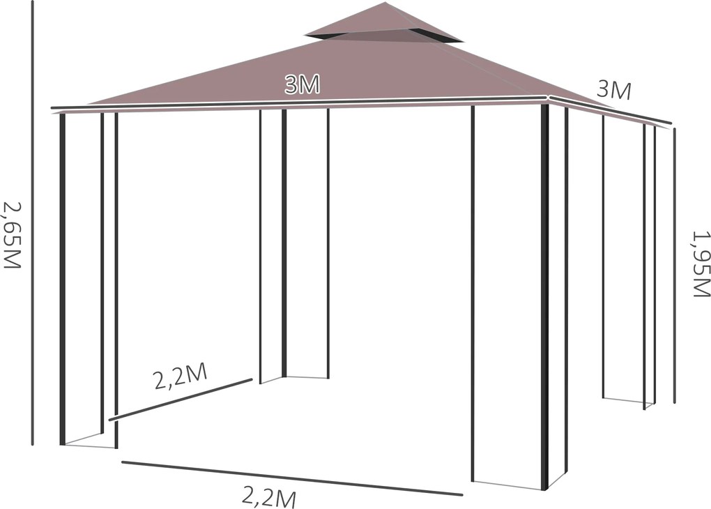 Pawilon Ogrodowy Outsunny z Moskitierami Bocznymi, Namiot Imprezowy z Podwójnym Dachem, Namiot Ogrodowy 2,97x2,97m