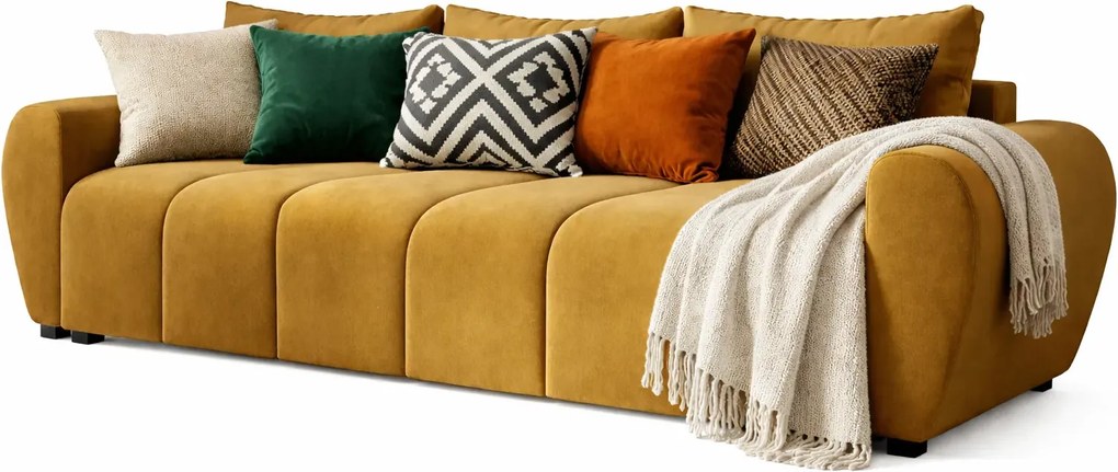 Musztardowa sofa welurowa z pojemnikiem N4-W06