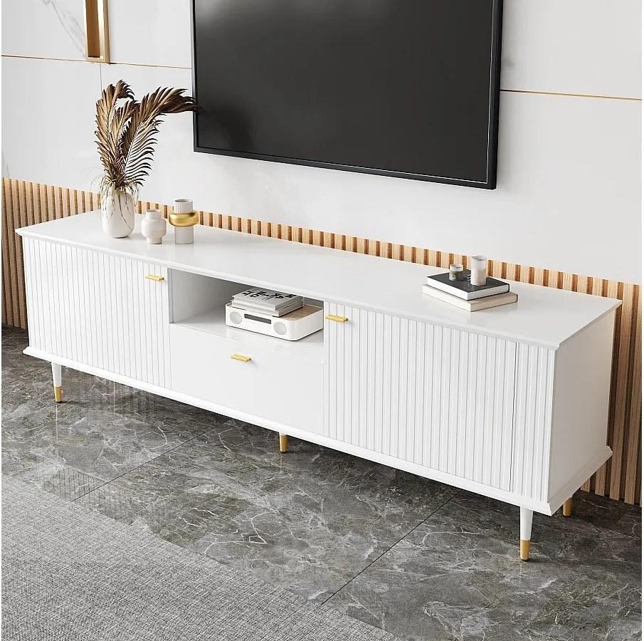 Biały stolik pod TV - stolik pod TV z 2 drzwiami i 1 szufladą - 1 otwarta przestrzeń do przechowywania
