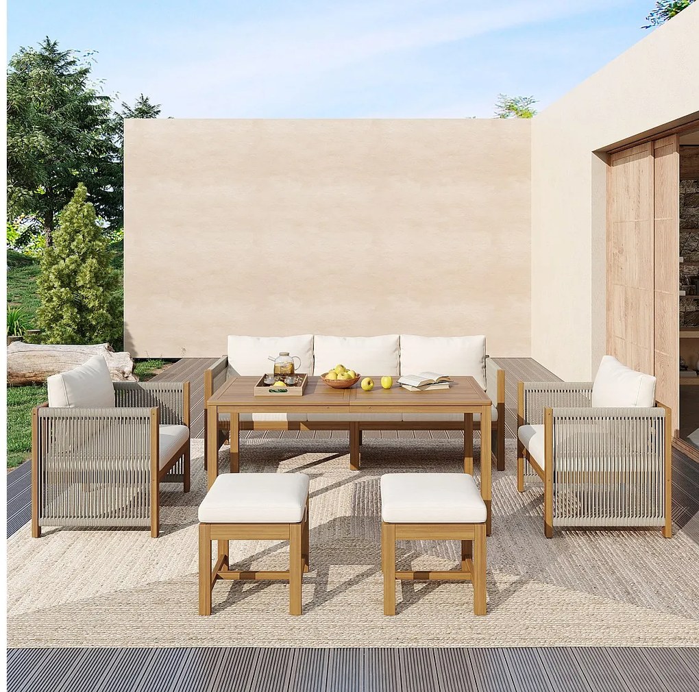 Zestaw ogrodowy 6-elementowy - sofa 3-osobowa + 2 fotele + 2 hokery + 1 stół - akacja - beż
