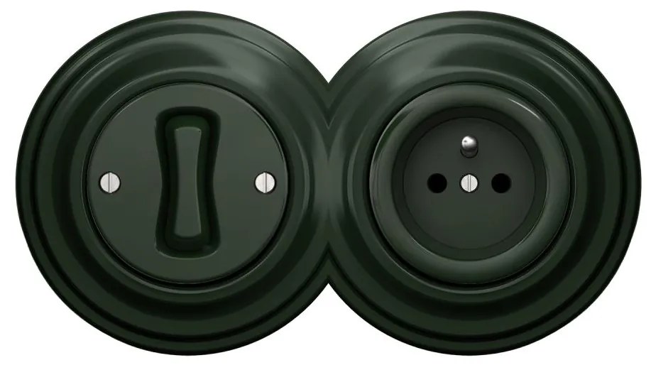 Kliklap - Retro wyłącznik jednobiegunowy nr 1 i gniazdo 230 V z ramką w kolorze zielonym