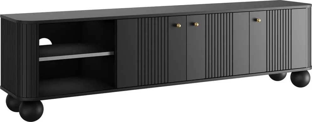 Szafka RTV Vesper 187 cm trzydrzwiowa - czarny / złote uchwyty / nogi kule