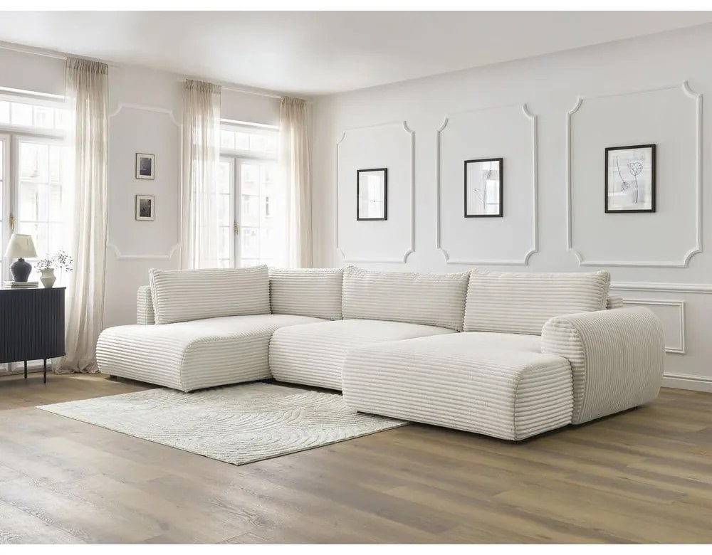 Kremowy sztruksowy rozkładany/ze schowkiem narożnik (lewostronny/w kształcie litery U) Lucien – Bobochic Paris