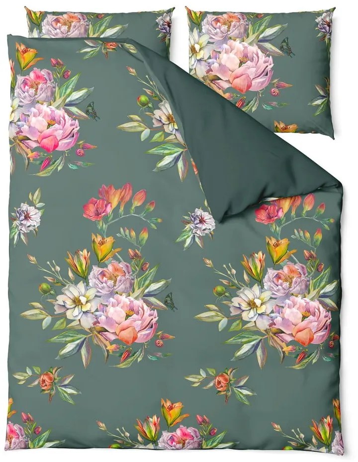 Ciemnozielona pościel dwuosobowa z satyny bawełnianej Bonami Selection Floret, 200x220 cm