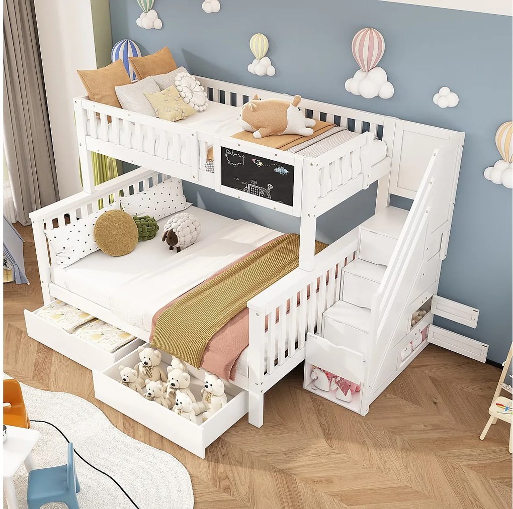 Łóżko piętrowe 90 x 200 / 140 x 200 cm z drabinką, tablicą, 2 szufladami i szafkami – lite drewno i płyta MDF – białe (materac nie jest wliczony w cenę)