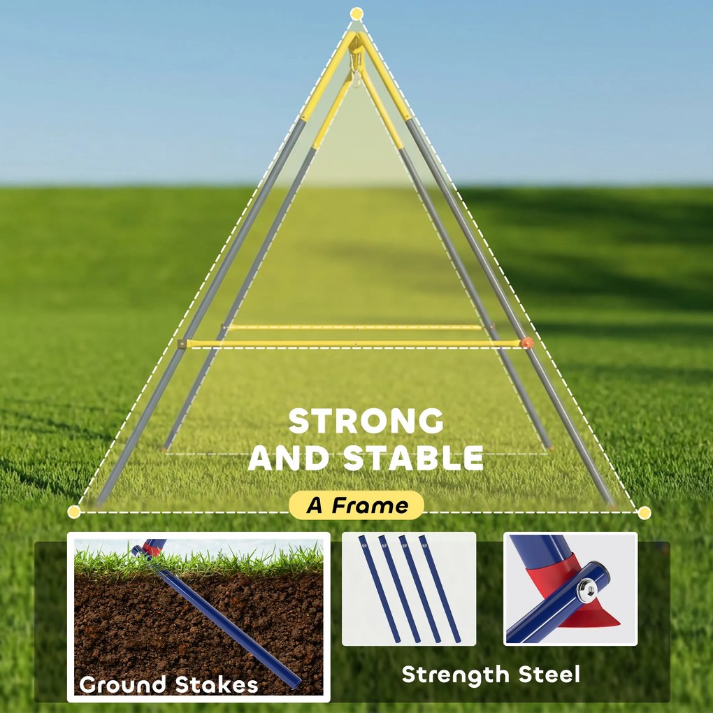 AIYAPLAY Składany stojak na huśtawkę, z ramą w kształcie litery A, 2 haki, 4 kotwy gruntowe, dla dzieci od 9 miesięcy do 8 lat, 128x155x157 cm, niebieski | Aosom PL