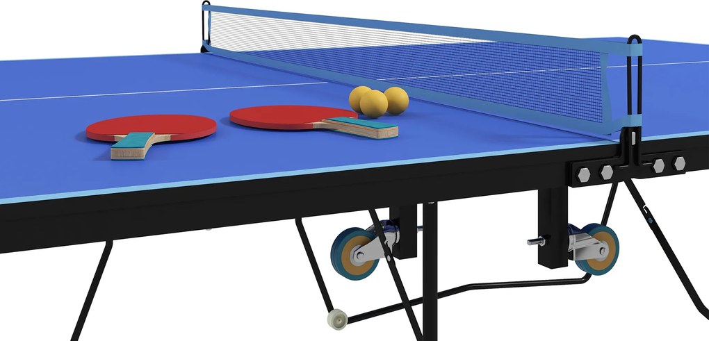 SPORTNOW Stół do Tenisa Stołowego, Składany, 8 Kół, Rama z Malowanej Proszkowo Stali, MDF, 274 x 152,5 x 76 cm, Niebieski