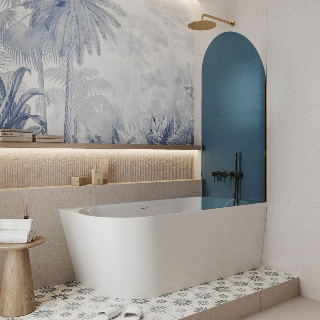 Parawan nawannowy półokrągły MOLIS Oval Blue szkło niebieskie | Różne rozmiary : Kolor profili kabiny - złoty, Rozmiar - 80x140 cm