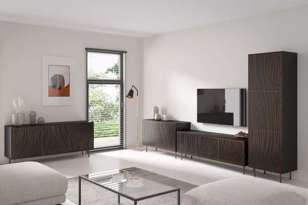 Komoda Teofil – stylowa komoda loftowa do salonu z drewnianym laminatem i metalowymi nogami