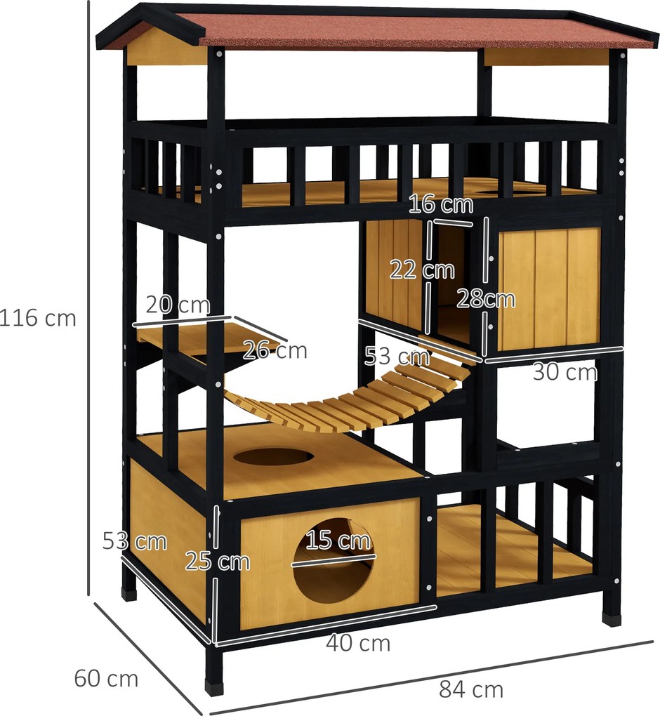 PawHut Domki dla kota, rajska zabawa z platformami, mostkiem i schowkami, dla do 2 kotów, z drewna