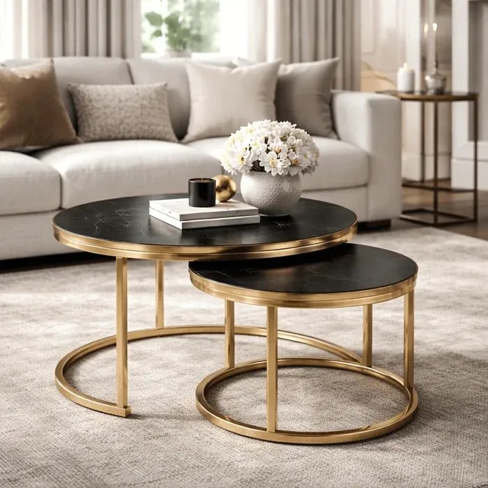 Zestaw Stolików Kawowych ARON 70 cm/50 cm Czarny Marmur/Złoty Glamour