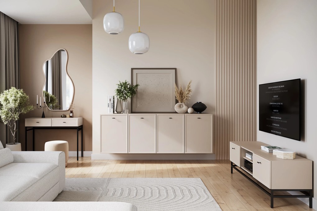 Komoda wisząca Lorini 200 cm czterodrzwiowa - kaszmir / czarne uchwyty T-bar