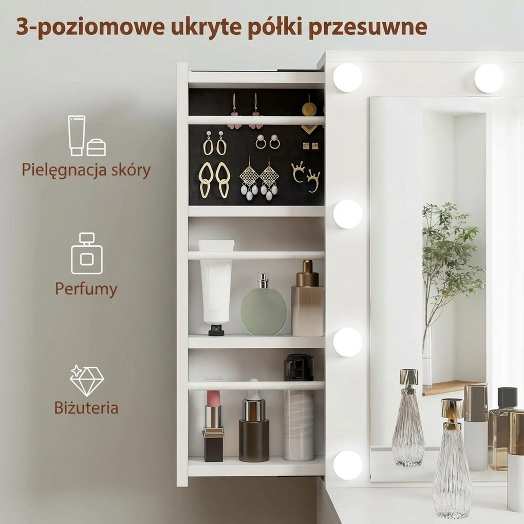 HOMCOM Toaletka z lustrem i 12 lampami LED, toaletka z 7 szufladami, 6 ukrytymi schowkami, płyta wiórowa, Biały