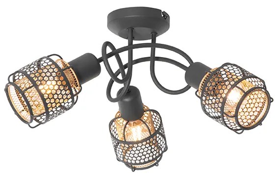 Designerska lampa sufitowa czarna ze złotem 3-światła - Noud