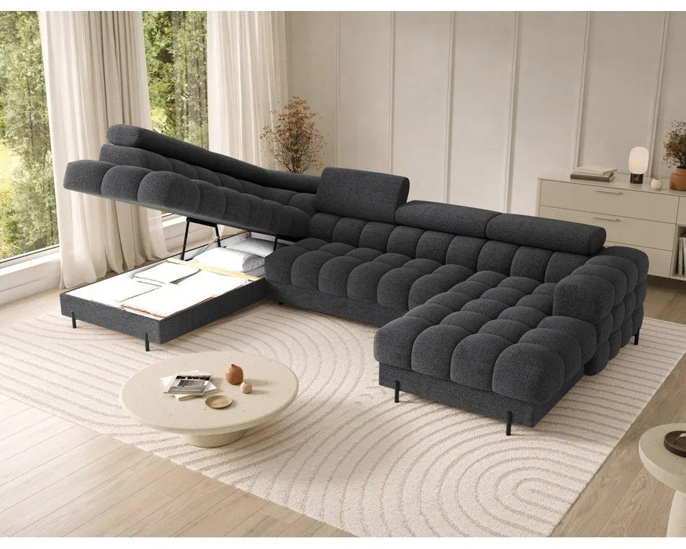 Ciemnoszary rozkładany narożnik z materiału bouclé (lewostronny/w kształcie litery U) Feraria – ELTAP