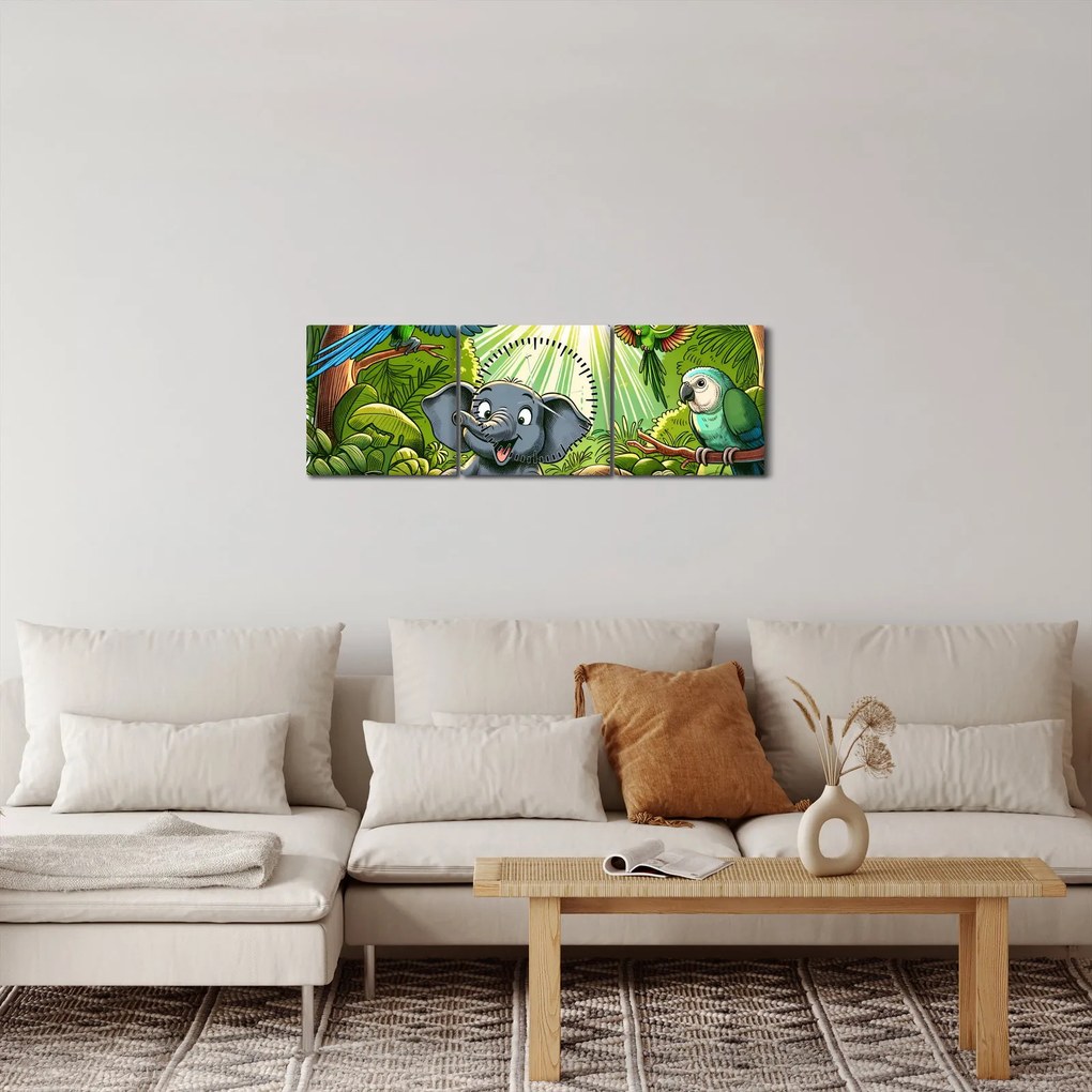 Obraz - Wesołe zwierzątka (z zegarem) (90x30 cm)