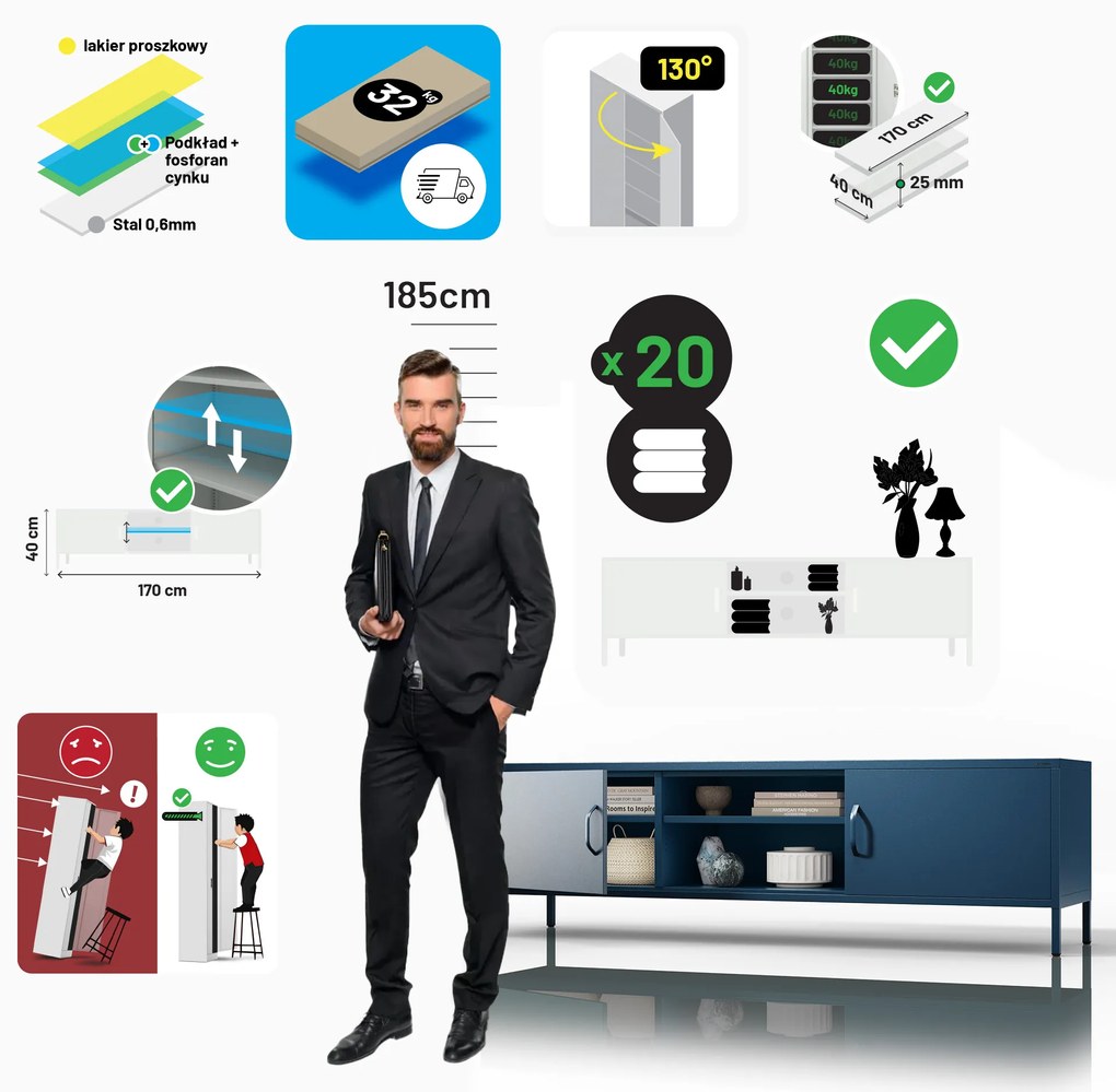 Szafka RTV długa XL granatowa ROSARIA 1700 x 400 x 500 mm