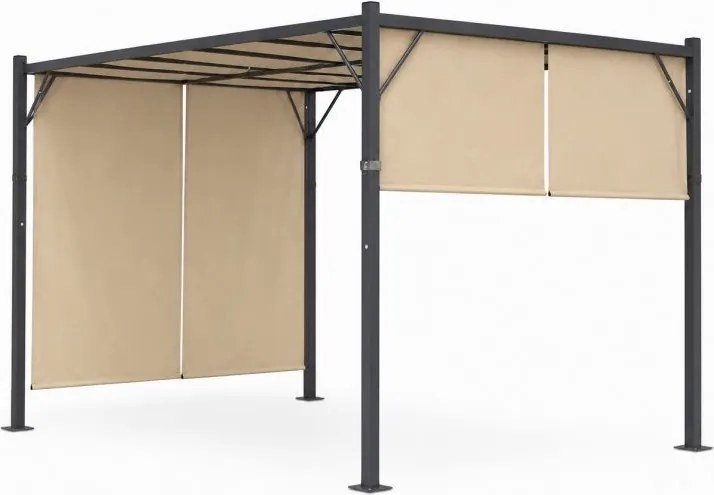 Beżowa pergola ogrodowa FG-362 z regulowanym zadaszeniem i roletami bocznymi