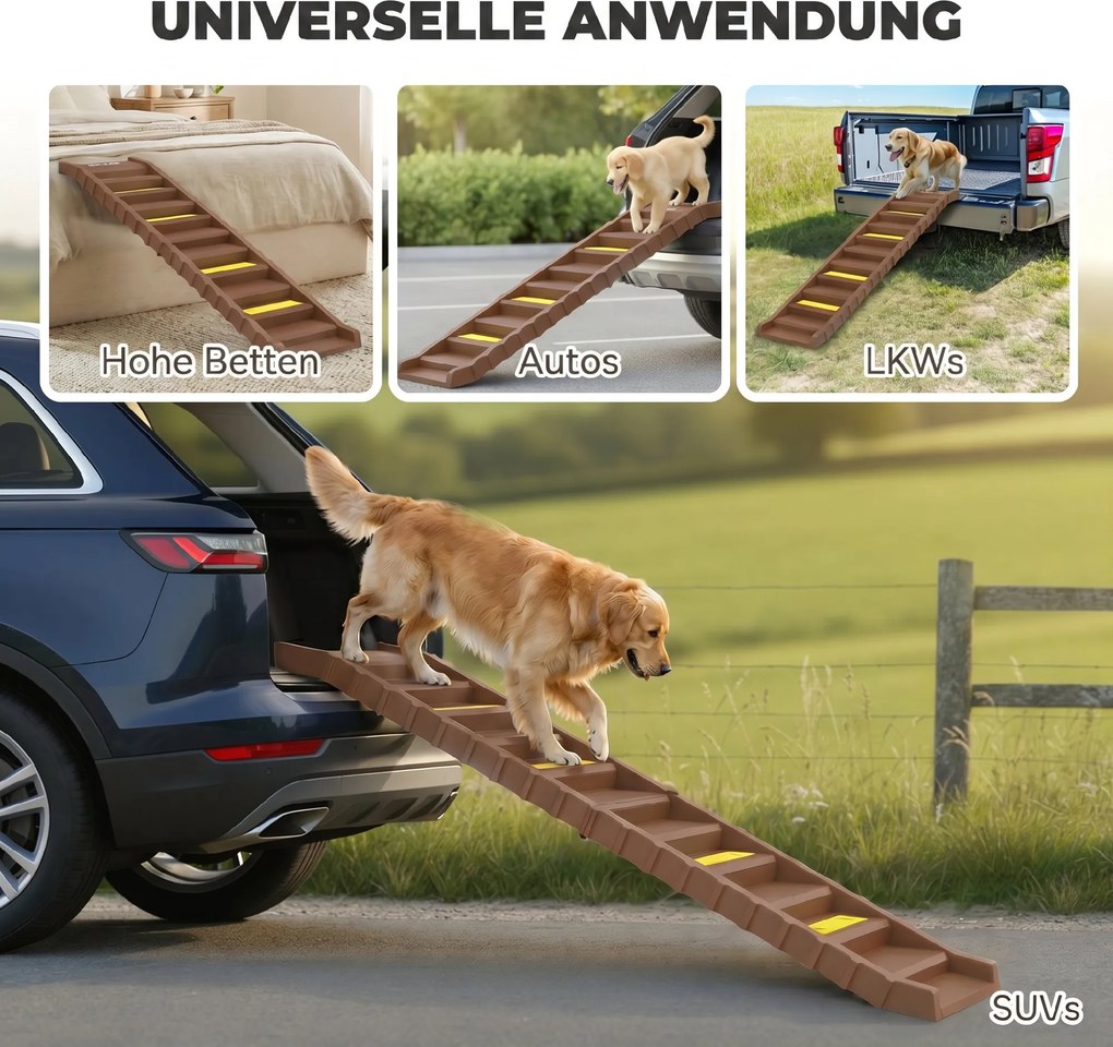 PawHut Rampa dla psa do samochodu składana schodki 10 stopni antypoślizgowa powierzchnia 154x40cm dla średnich psów do 25 kg | Aosom PL