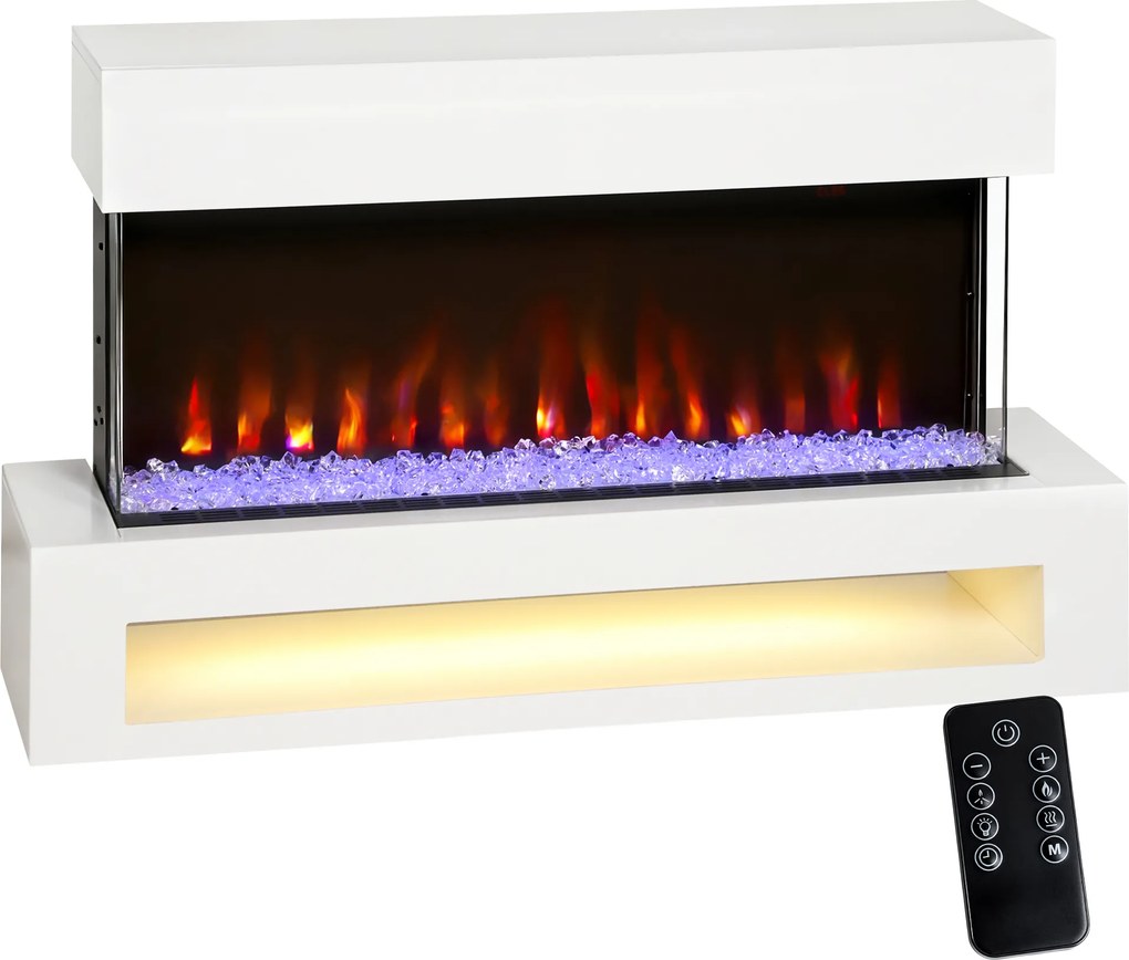 HOMCOM Kominek elektryczny z 11 kolorami płomieni, 10 kolorami kryształowego podłoża, 1000W/2000W, pilot, uniwersalny, Biały