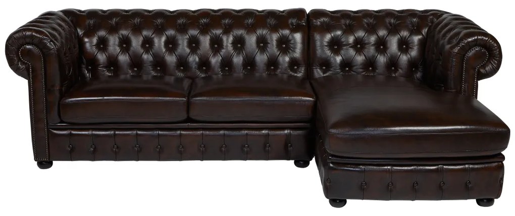 Kanapa narożna BRENTON w stylu Chesterfield, 100% skóry bawolej – kolor brązowy z kasztanowymi refleksami – Narożnik prawostronny