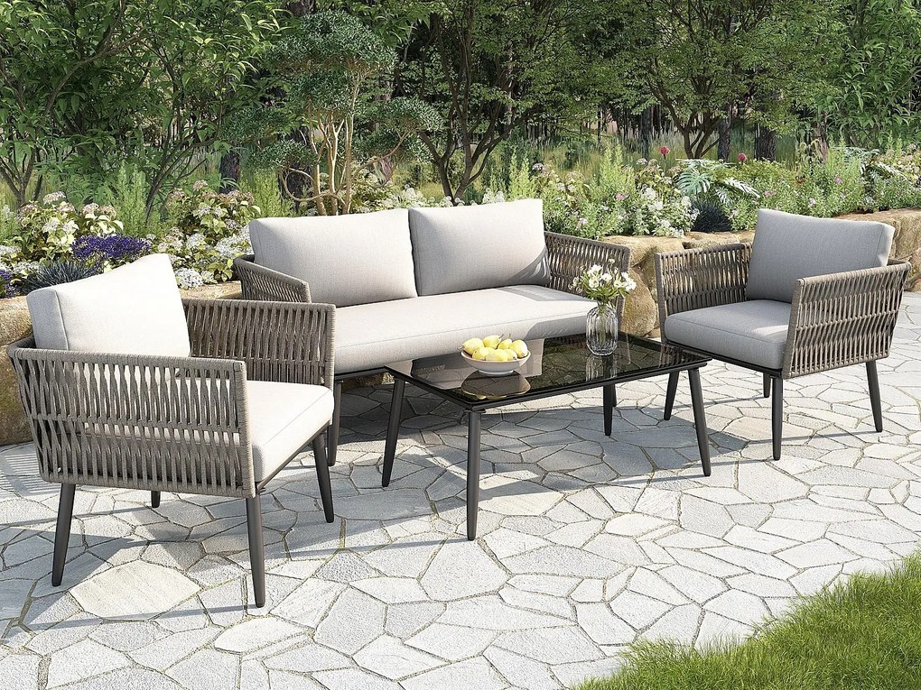 Zestaw mebli ogrodowych, 4 miejsca, kanapa, 2 fotele i stolik kawowy, na zewnątrz, plecionka z PE, stal ocynkowana, szary