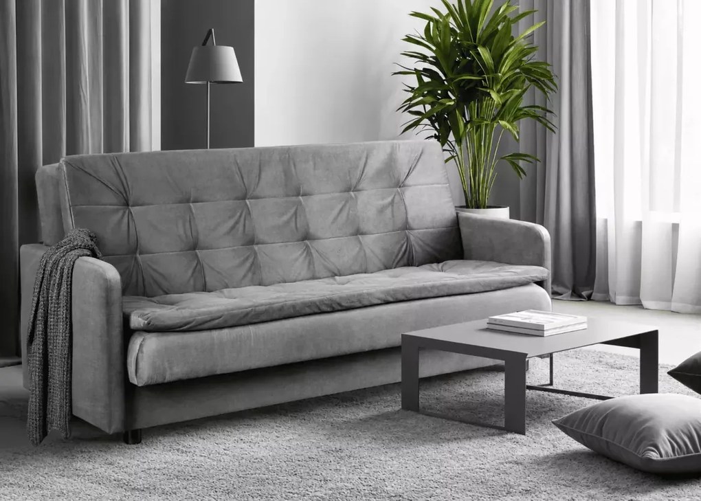 Sofa rozkładana Fritkit szara – nowoczesna welurowa kanapa z funkcją spania i pojemnikiem