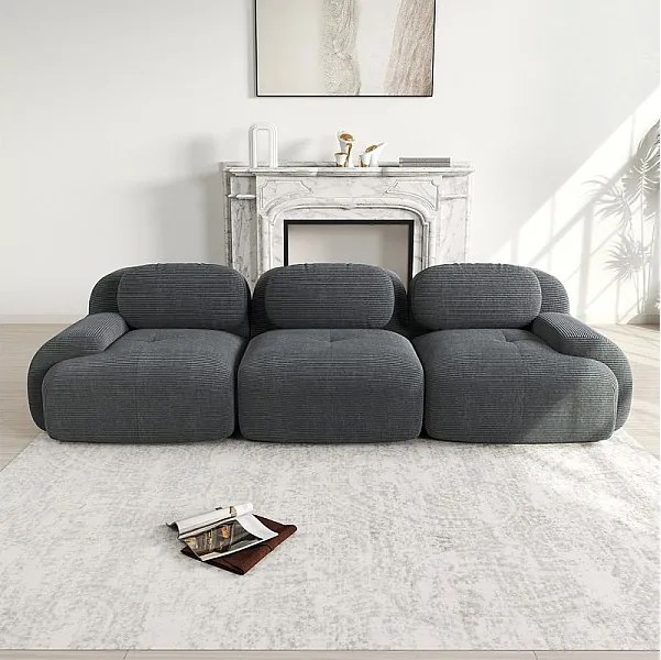 Sofa 3-osobowa Modułowa z Weluru Prążkowanego - z 3 Poduszkami - 298x103x75cm - Szary