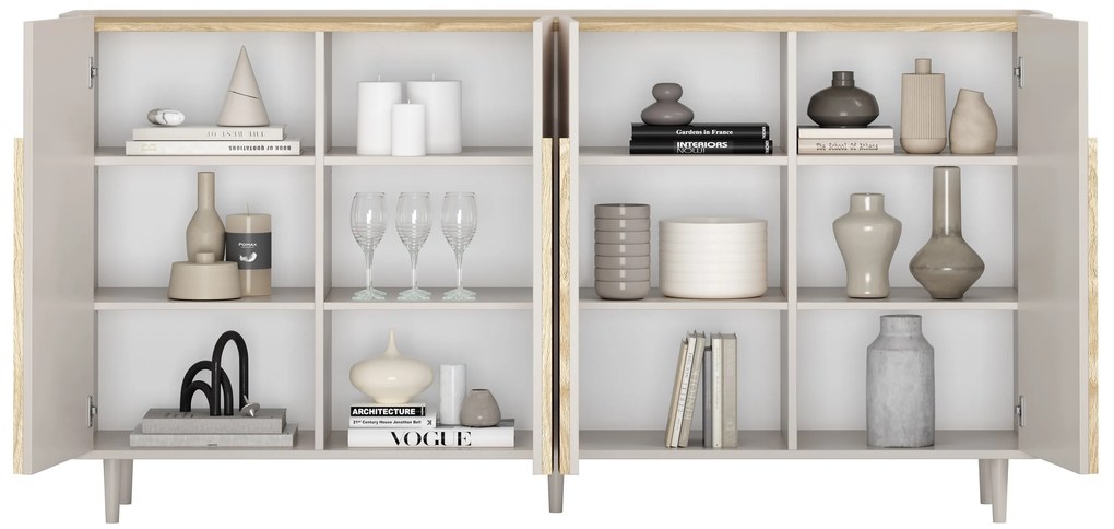 Komoda Amilio 200 cm czterodrzwiowa na nóżkach - kaszmir / dąb olejowany / uchwyty dąb jasny