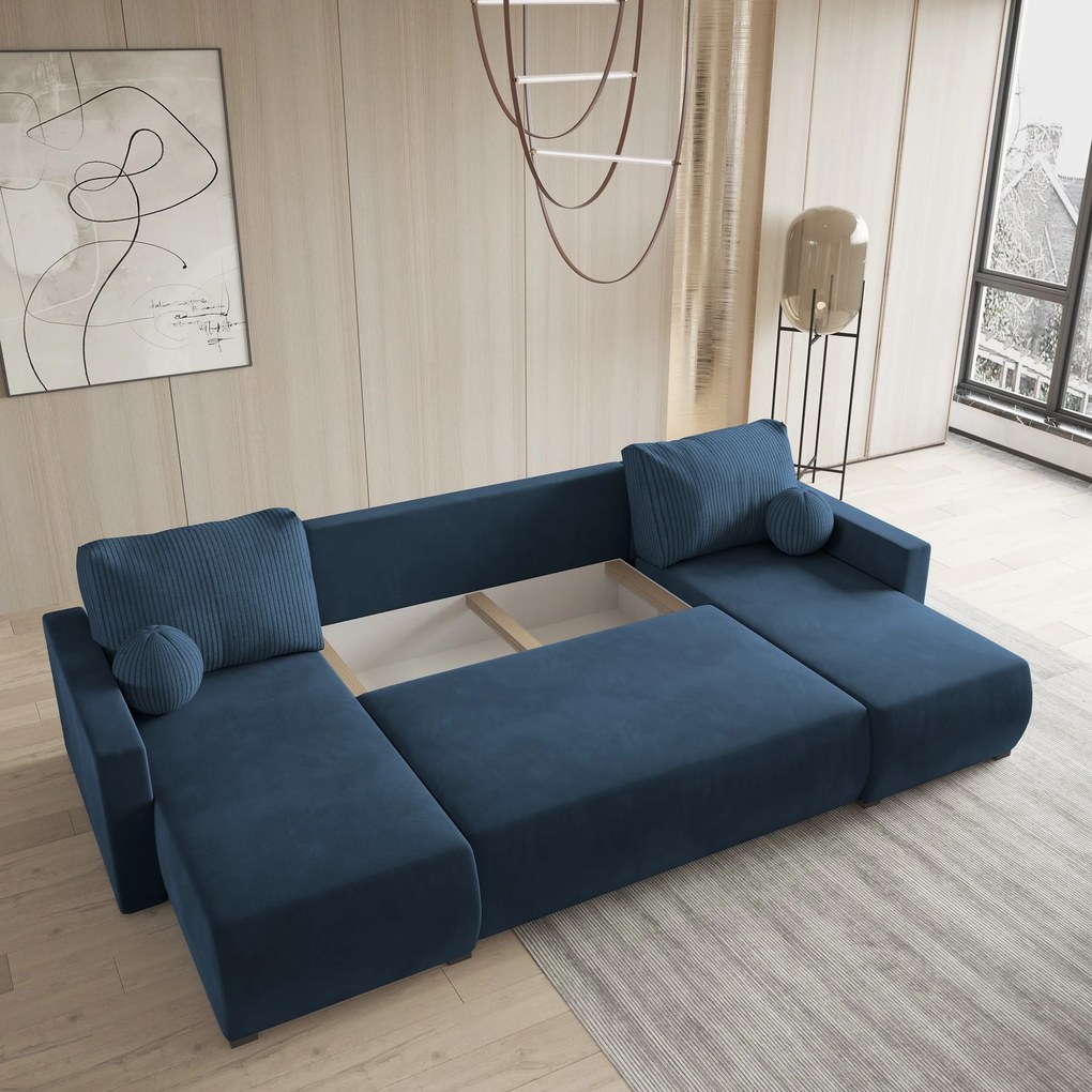 Masseno Narożnik TESSUN z funkcją spania i pojemnikiem na pościel Narozniki U, Rozkładana sofa - Niebieski, POSO 05 + KRONOS 05