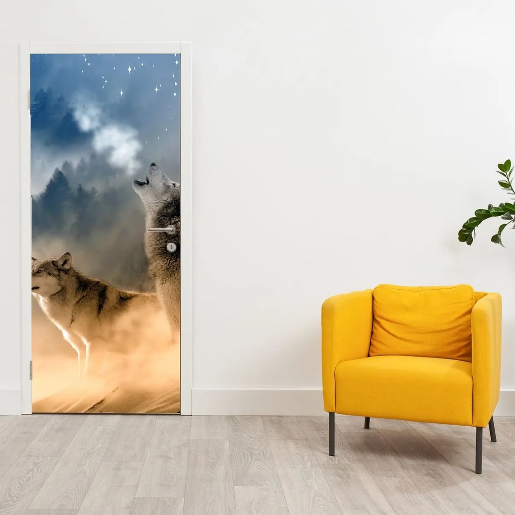 Fototapeta na drzwi - Wilki wyjące do księżyca (95x205cm)