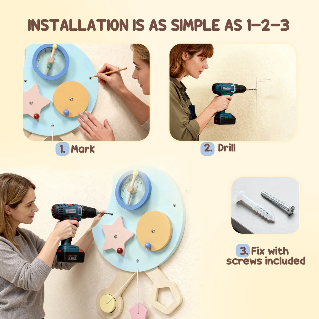 AIYAPLAY Zabawka ścienna 7-w-1, ksylofon, zębatki, design gąsienicy, MDF, 108 cm, kolorowy