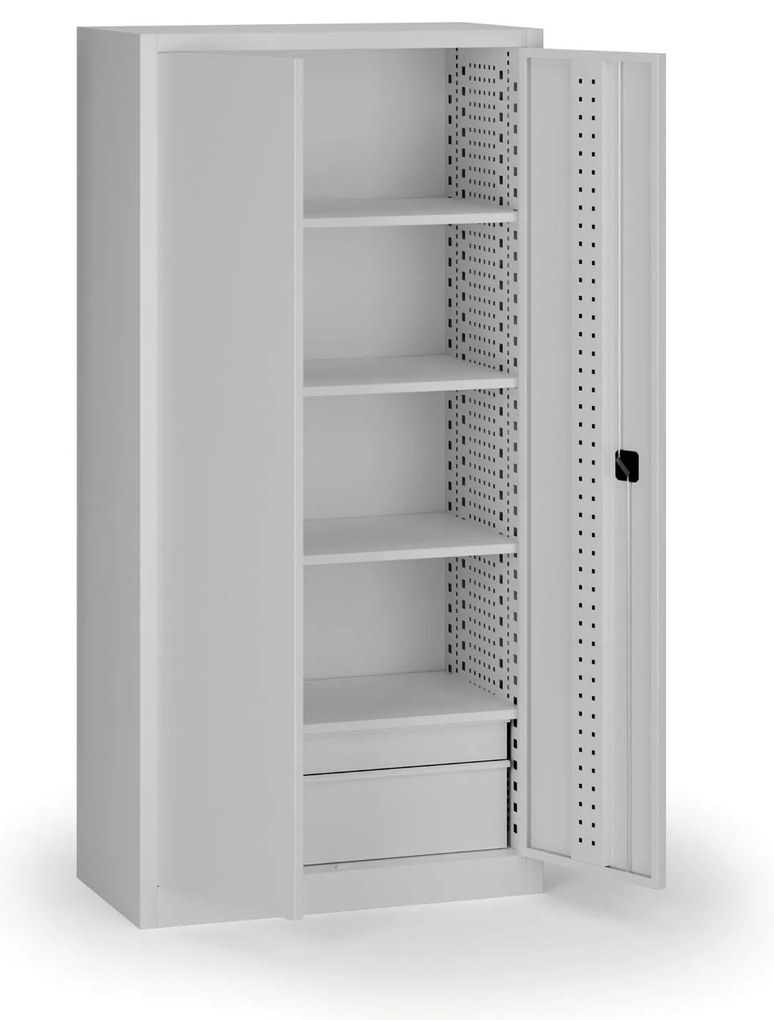 Szafa warsztatowa, 4 półki + 2 szuflady, 1950 × 950 × 500 mm, szare drzwi