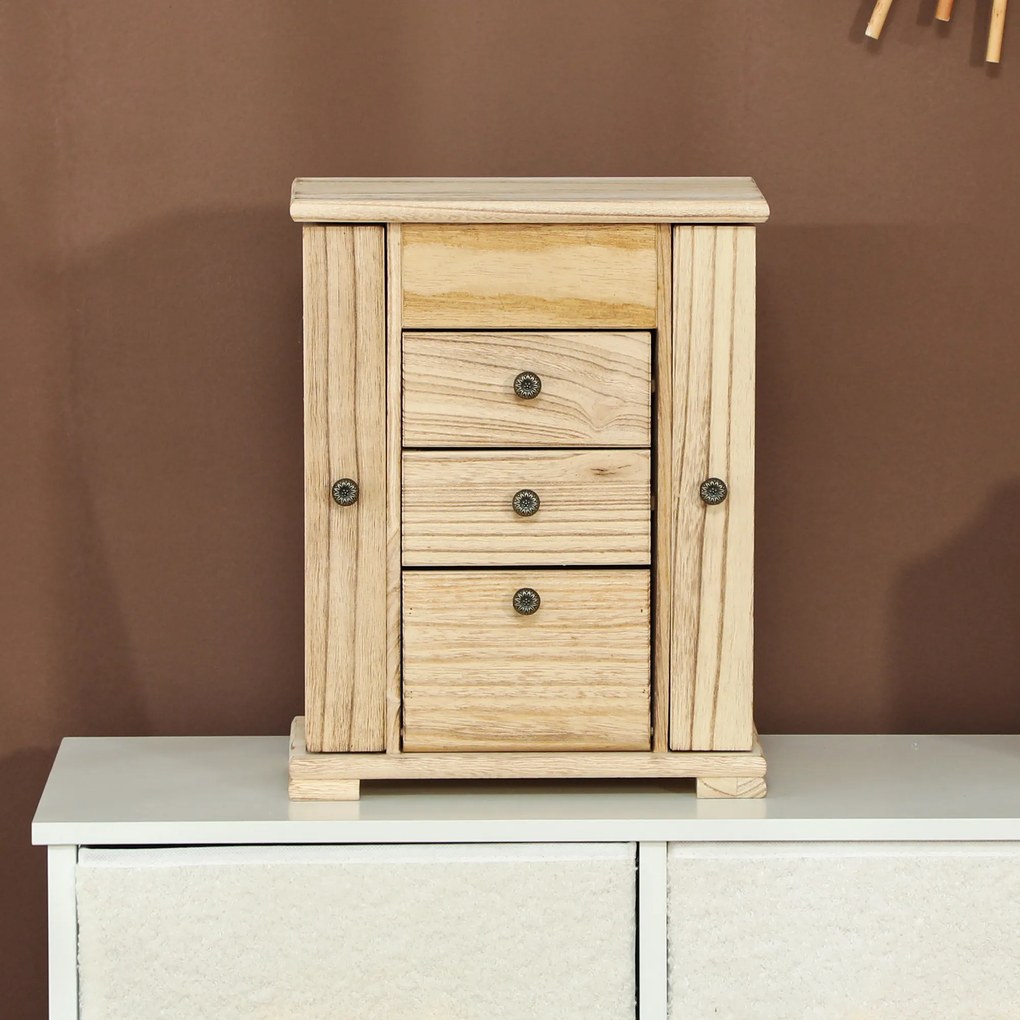 HOMCOM Szkatułka na biżuterię, organizer, 4-poziomowy układ, z wbudowanym lustrem, drewno, brązowy