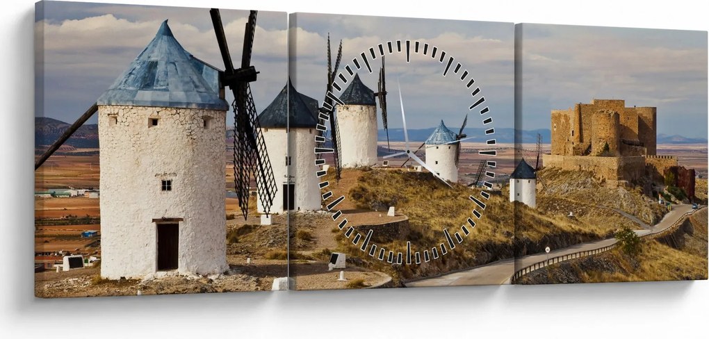 Obraz - Wiatraki Consuegra, Hiszpania (z zegarem) (90x30 cm)